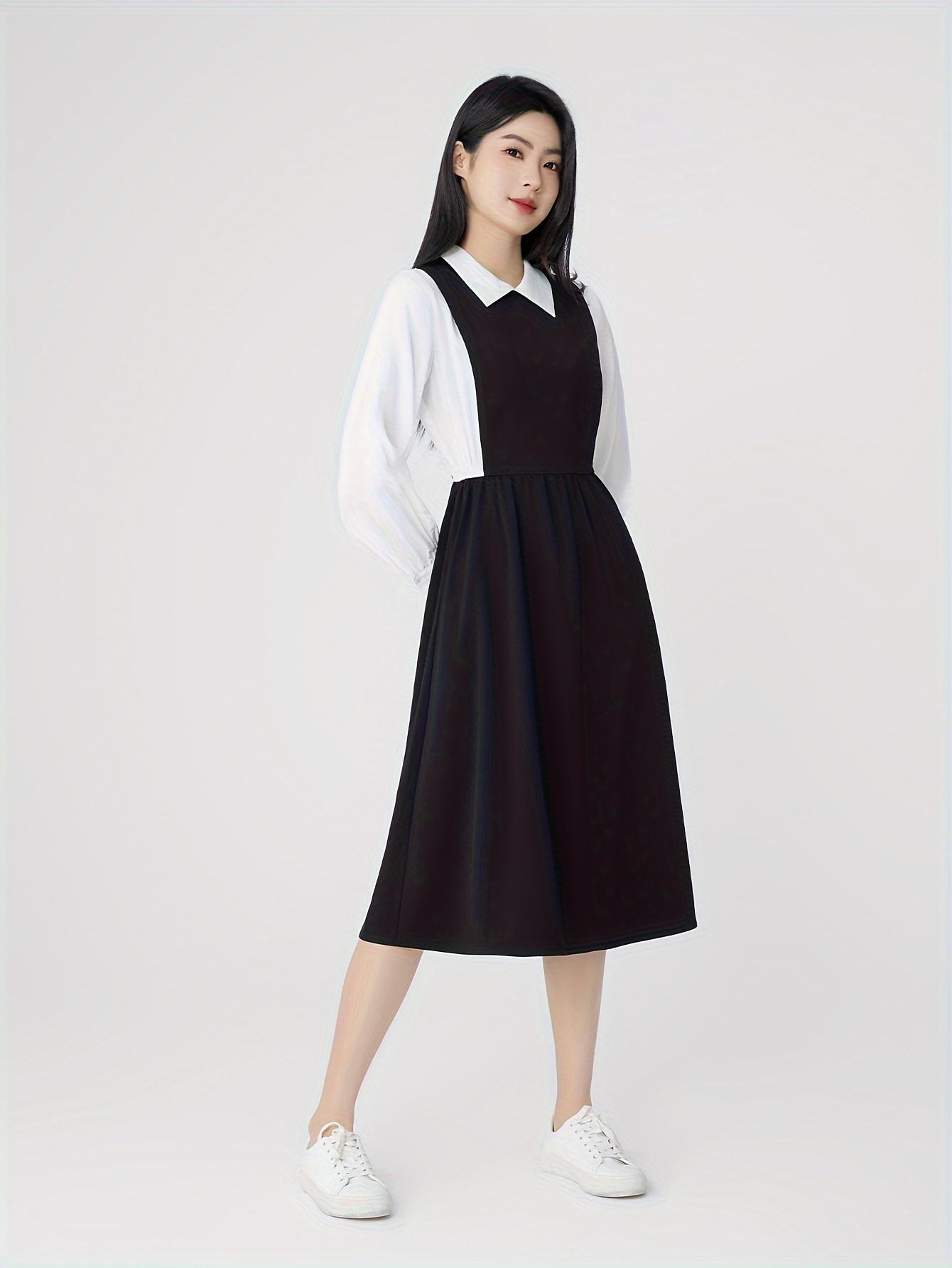 Contrast Trim Aline Dress, Elegant Long Sleeve Dress For Spring & Fall