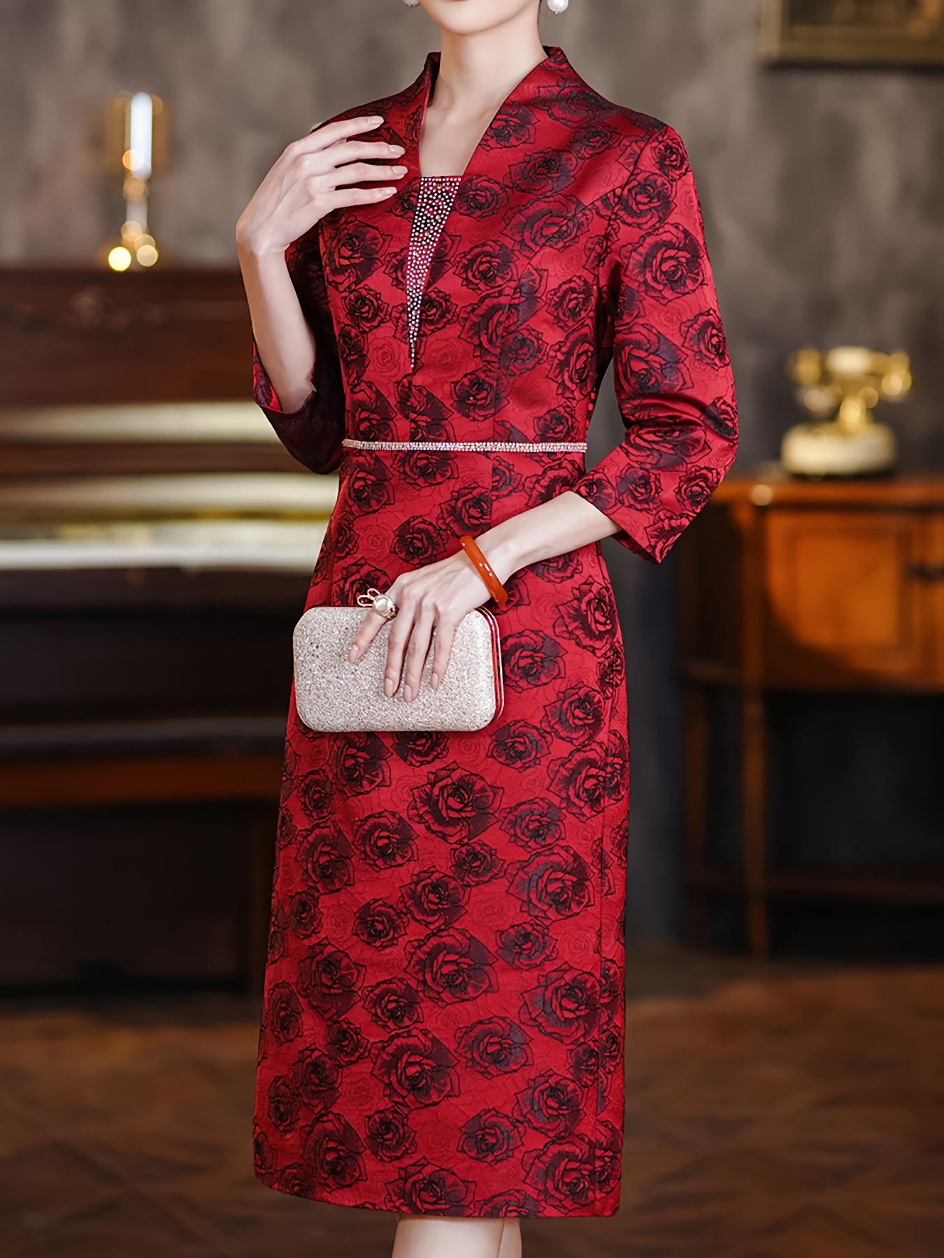 Floral Print Long Sleeve Dress, Vintage Slim Dress For Party & Banquet