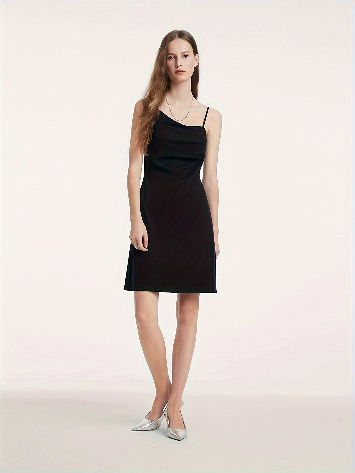 Solid Color Asymmetrical Neck Cami Dress, Elegant Sleeveless Slim Dress For Spring & Summer