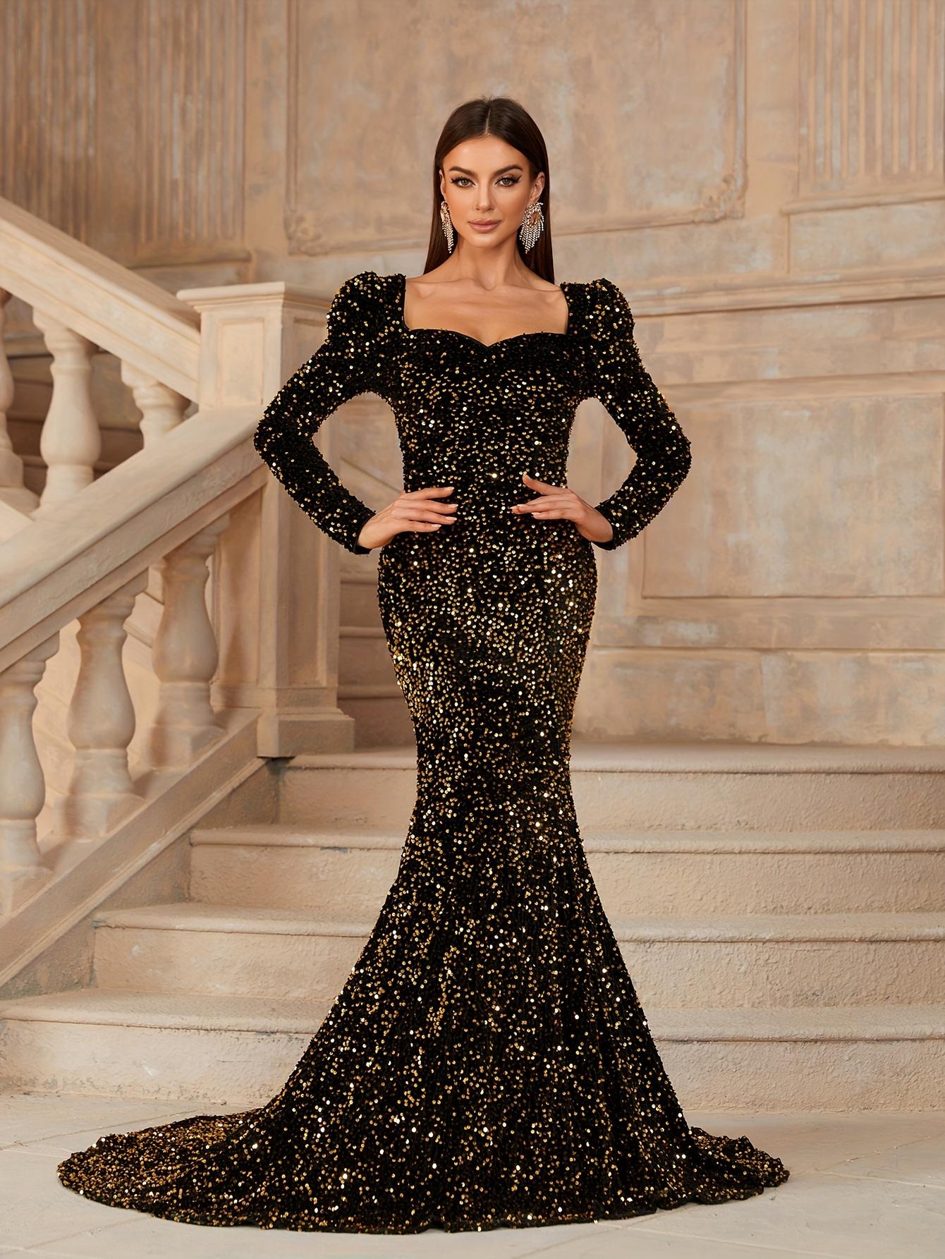 Sequin Square Neck Dress, Elegant Gigot Sleeve Mermaid Hem Dress For Party & Banquet