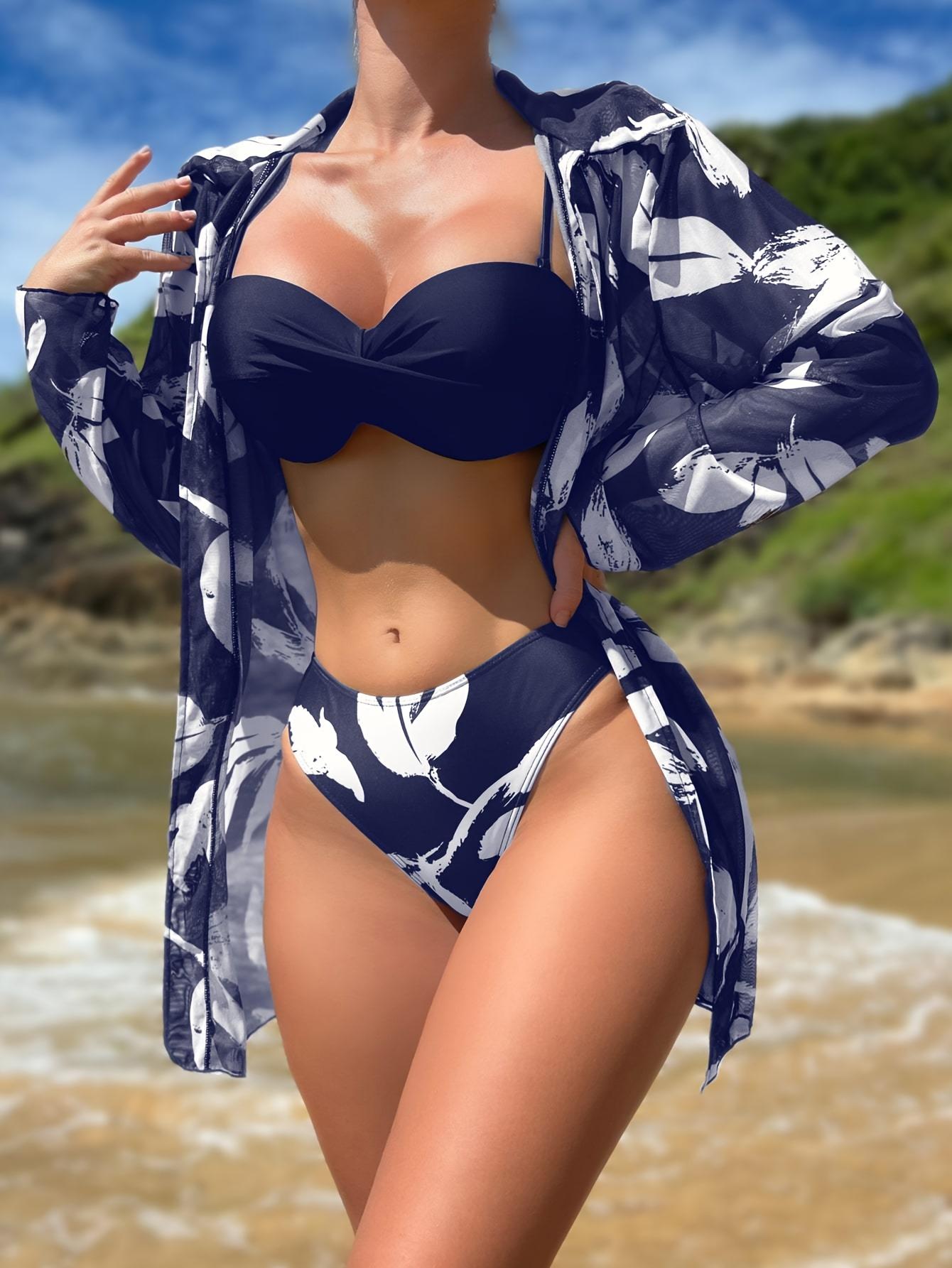 Leaf Print Navy Blue High Stretchy 3 Piece Set